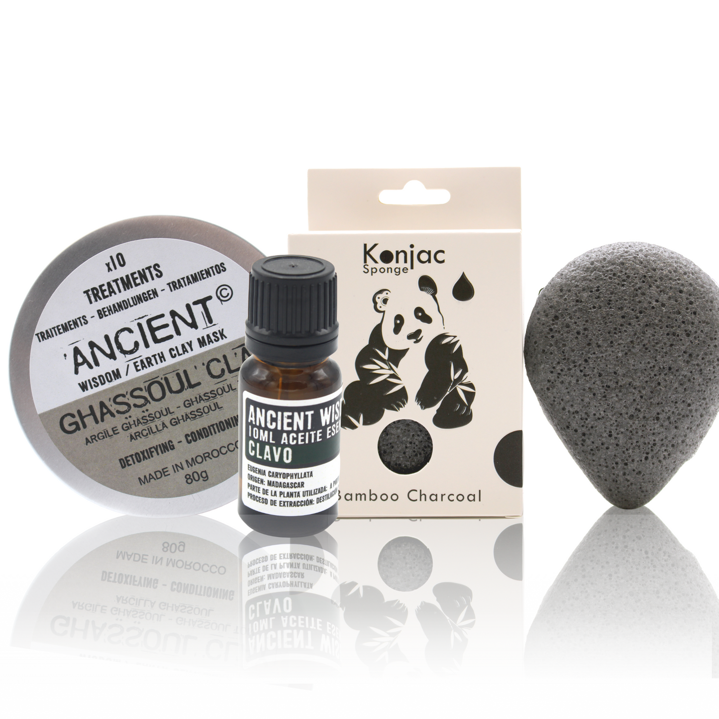 Esponja Konjac carbón, Arcilla ghassoul y Aceite Esencial de clavo