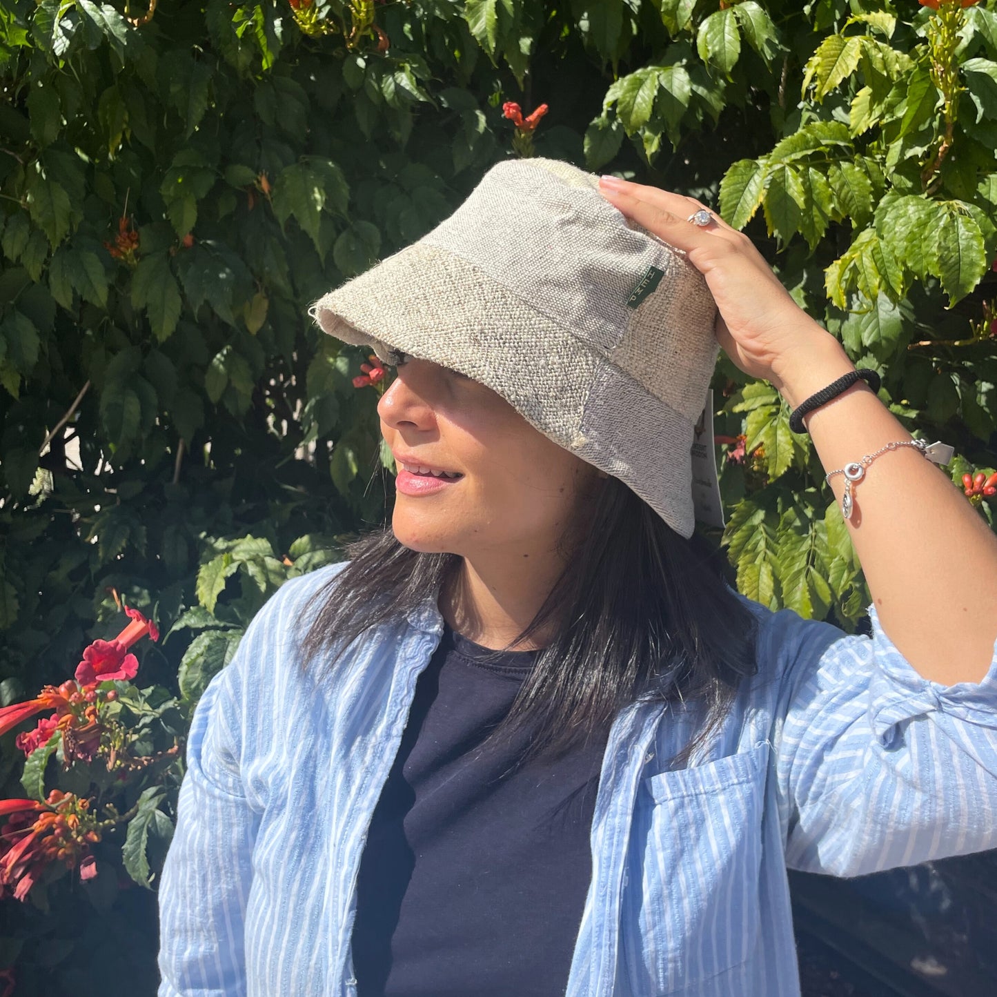 Sombrero boho chic de cáñamo y algodón con parches - Natural