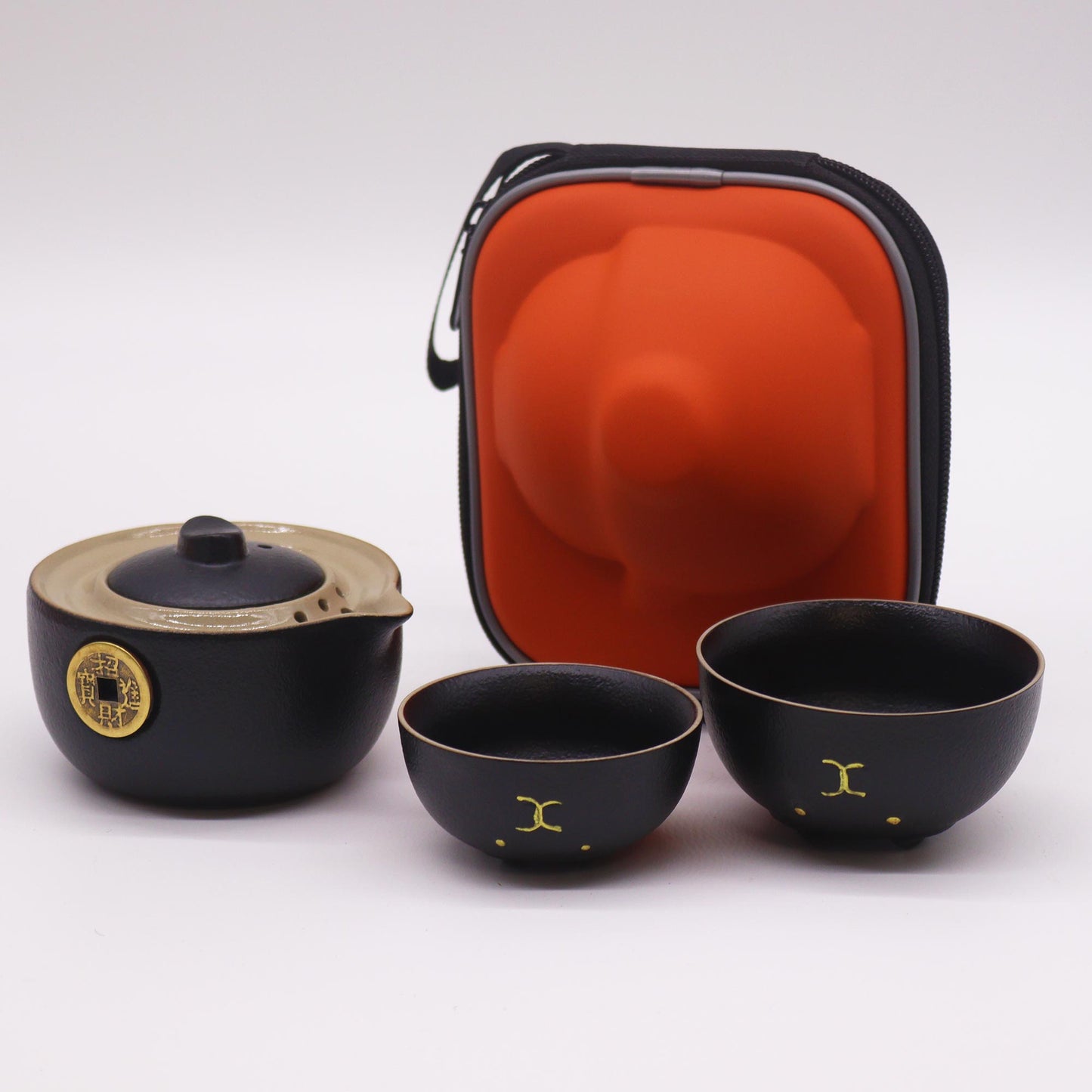 Set de tetera - Gato del Dinero - Dos tazas & Estuche de viaje - Coral