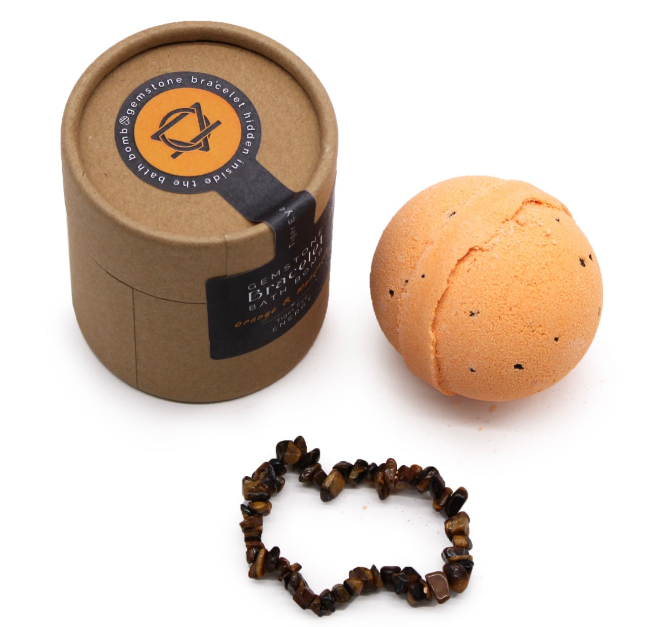 Bomba de baño naranja y mandarina /pulsera ojo de tigre. ENERGÍA