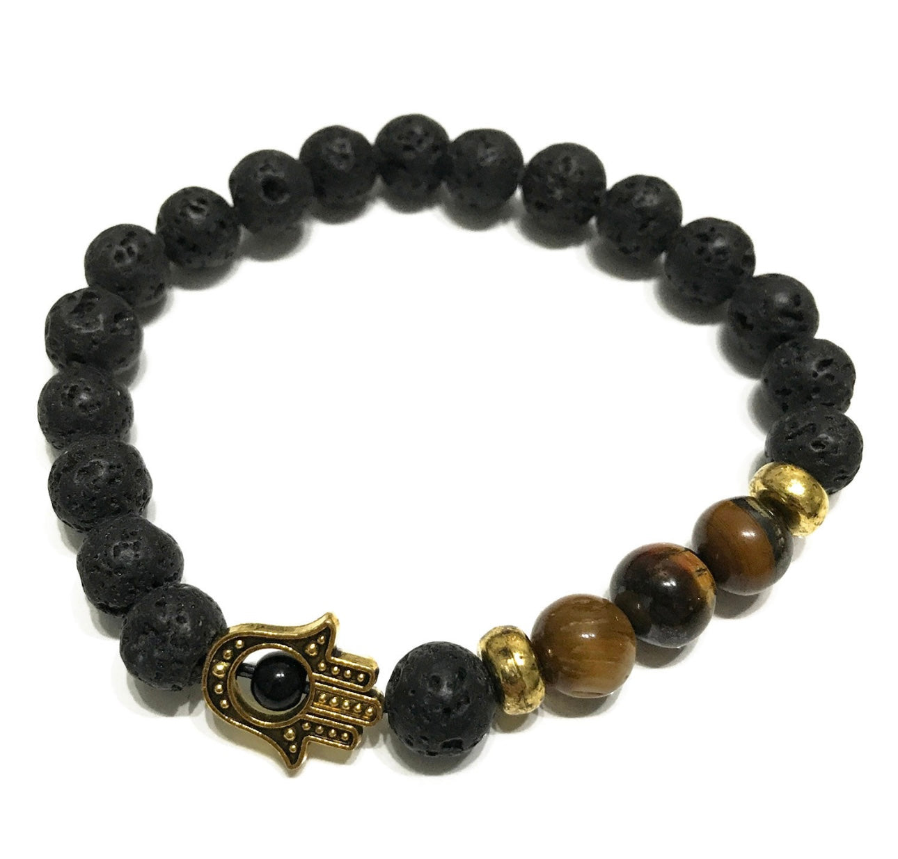 Pulsera de piedra de Lava -Hamsa- Ojo de tigre