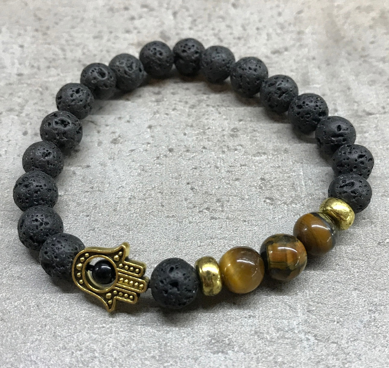 Pulsera de piedra de Lava -Hamsa- Ojo de tigre