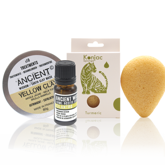 Pack para cuidado facial :Esponja Konjac Amarilla, Arcilla amarilla y aceite esencial de cilantro.
