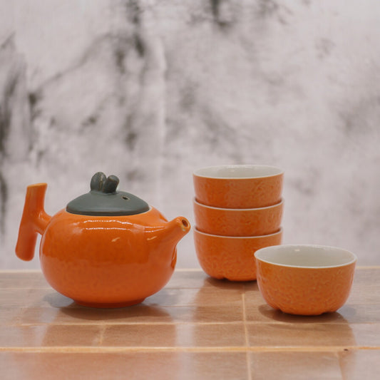 Set de Tetera Cerámica - Naranja - Tetera & Cuatro tazas