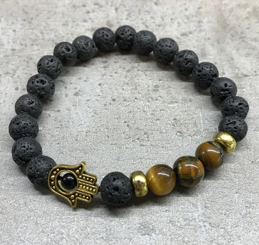 Pulsera de piedra de Lava -Hamsa- Ojo de tigre