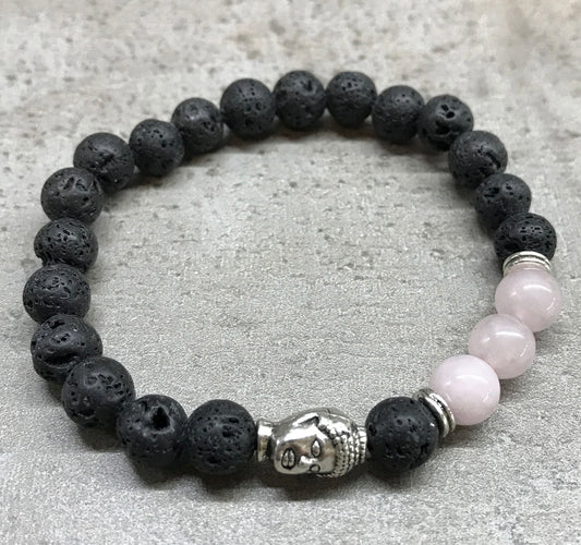 Pulsera de piedra de Lava -Buda- Cuarzo Rosa